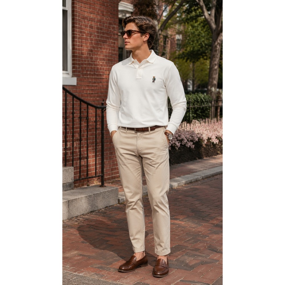 Polo Ralph Lauren Mens Long Sleeve Polo Bear Shirt White Cotton Pique L Preppy